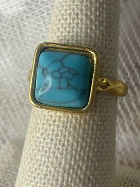 Gold Tone Square Turquoise Statement Ring